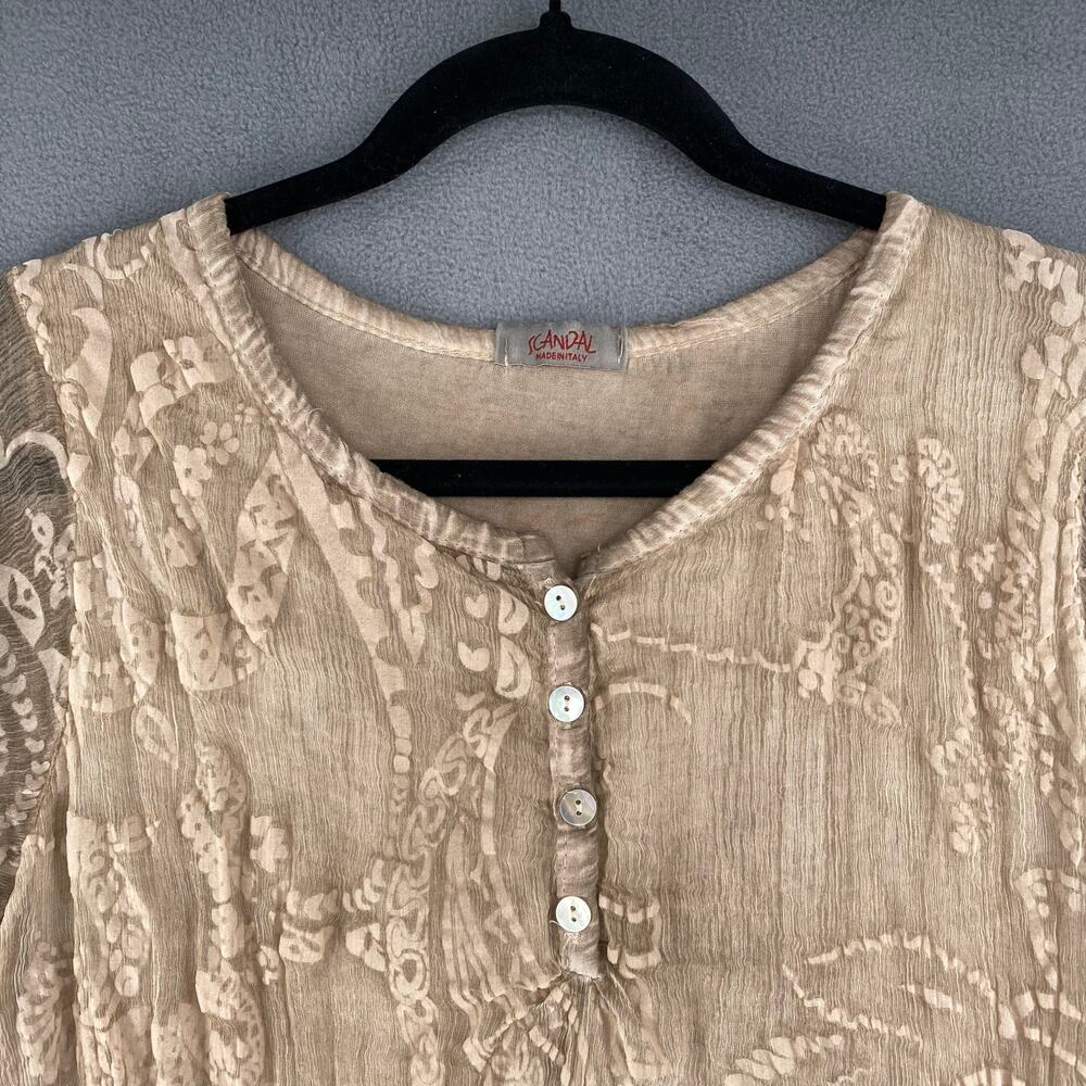 Scandal Italy Crepe Silk Womens Roll Sleeve Blouse S Tan Boho Floral Lagenlook - Picture 5 of 16